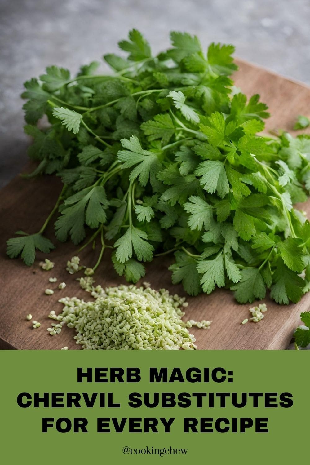 A bunch of fresh parsley on a wooden cutting board, next to a pile of chopped parsley.