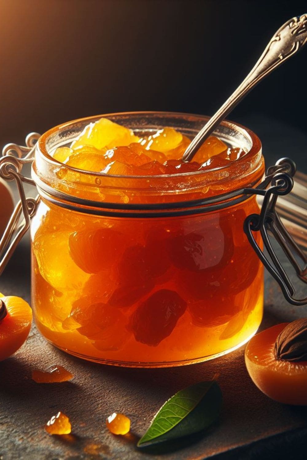 A glass jar of apricot preserves with a silver spoon resting on the rim. 