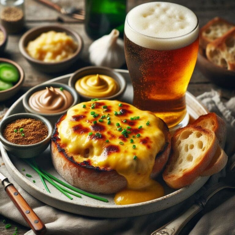 A plate of irish rarebit and a glass of beer on a table.