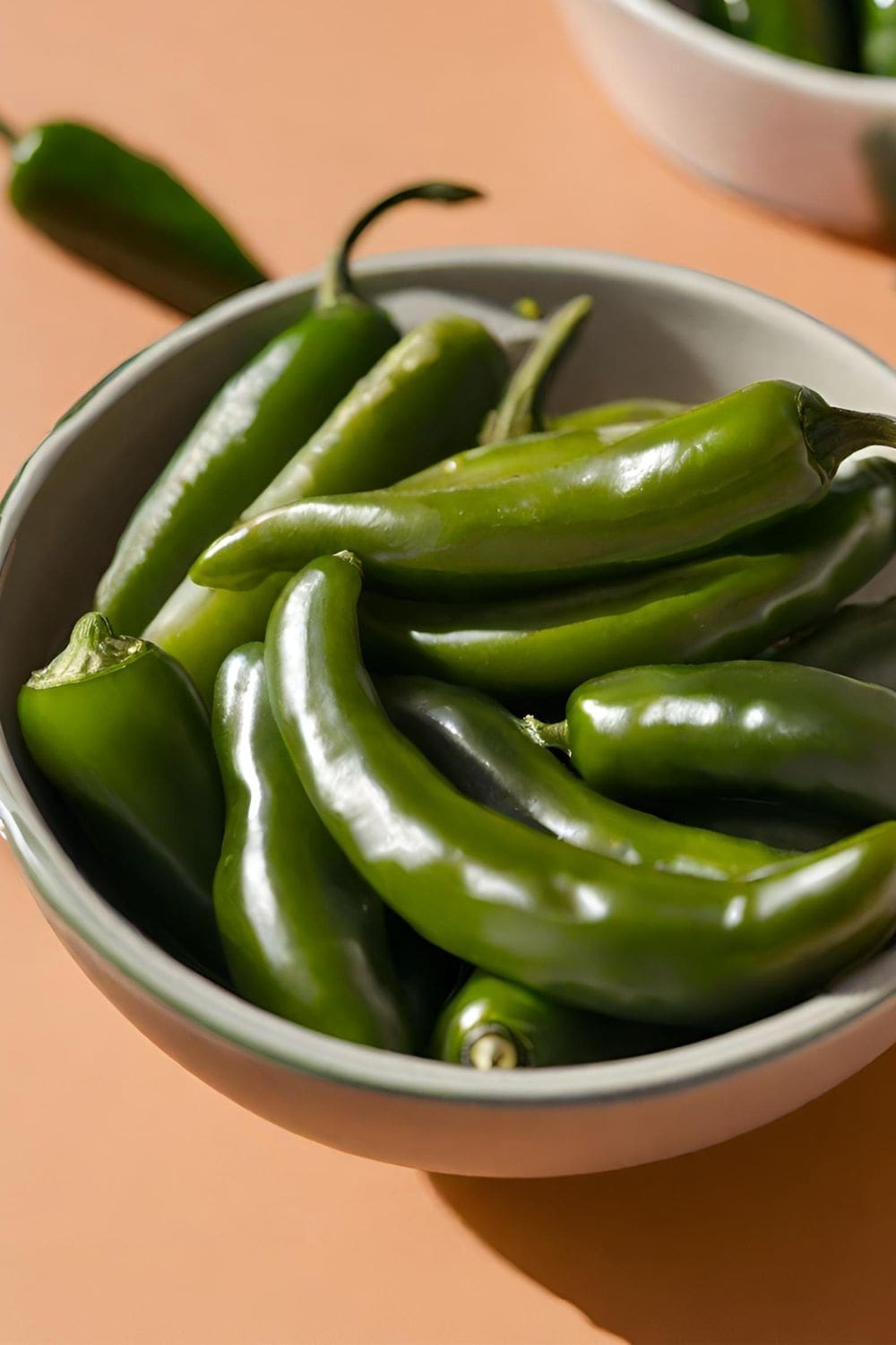 A bowl filled with green jalape&ntilde;o sits on a wooden table.