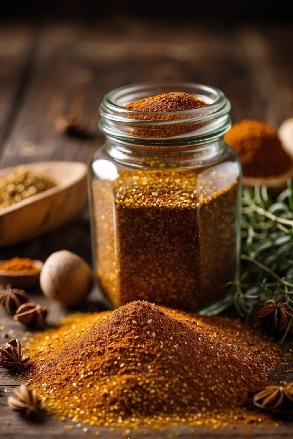 A glass jar filled with creole seasoning sits on a wooden table.
