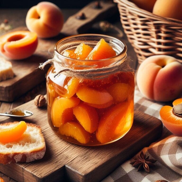 A close-up of a glass jar of apricot preserves on a wooden cutting board