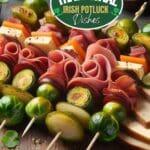 A close-up of a wooden cutting board filled with a luck of the irish skewers.