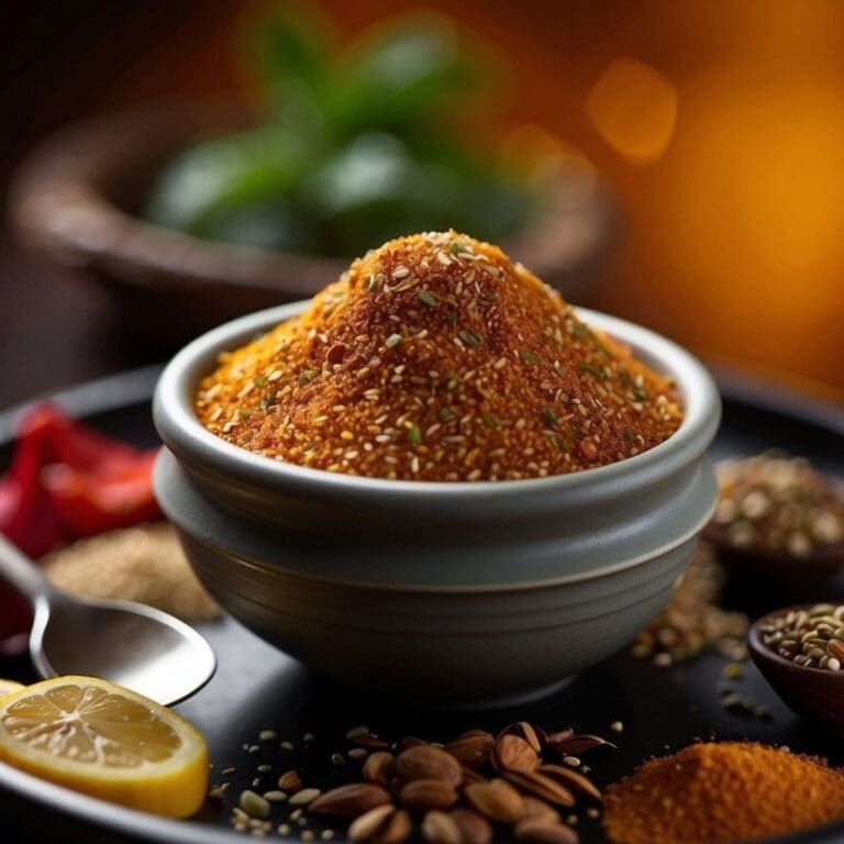 A wooden tray on a table holds a ceramic bowl filled with creole seasoning.