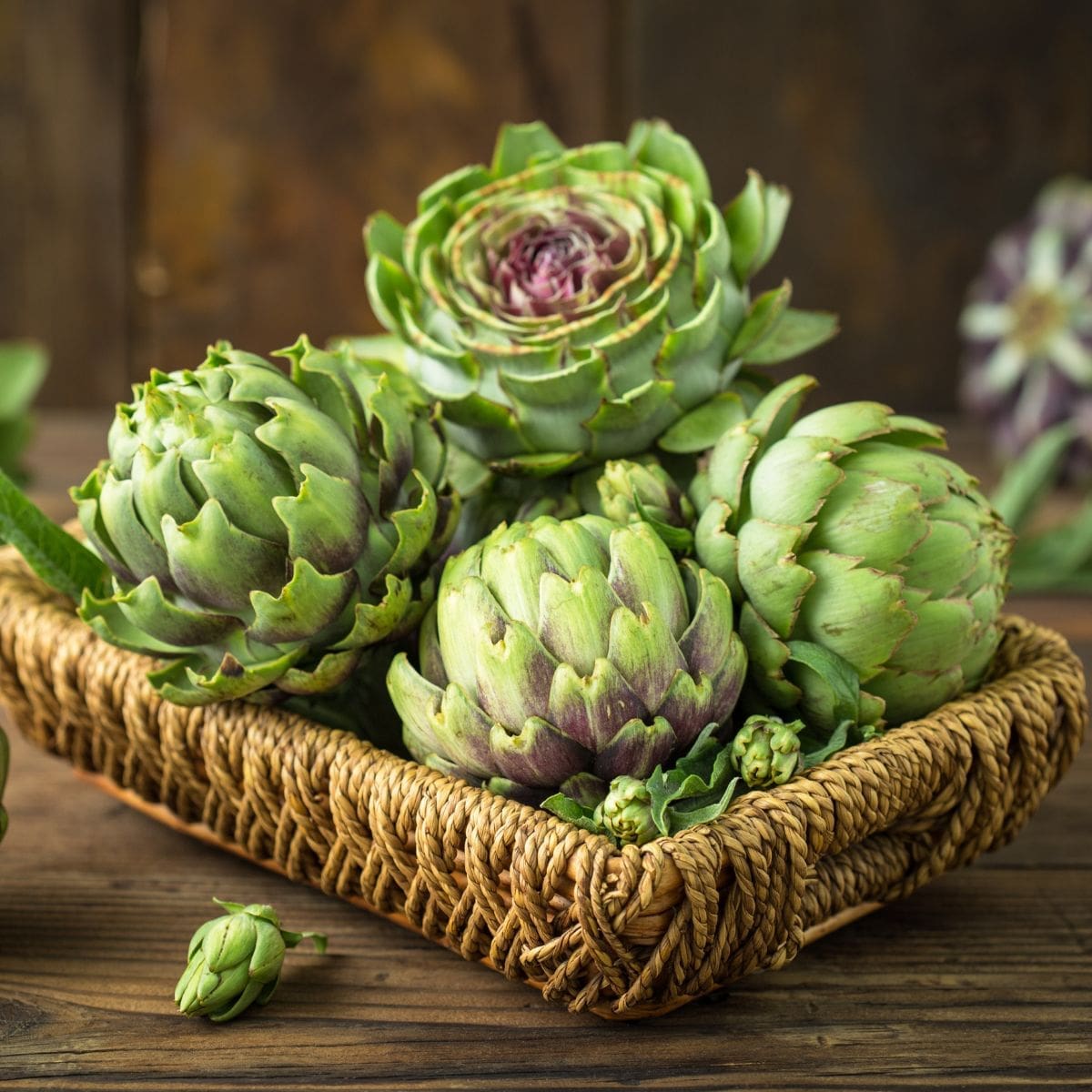 A wicker basket filled with artichokes sits on a wooden table.