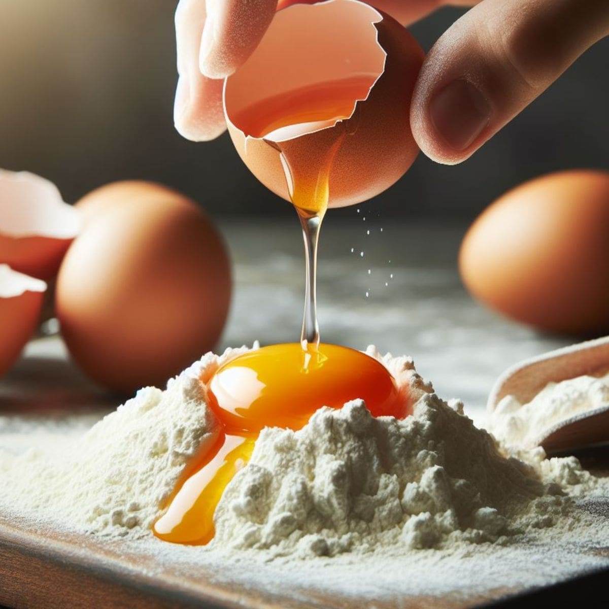 A person cracking an egg into a pile of flour on a wooden table.