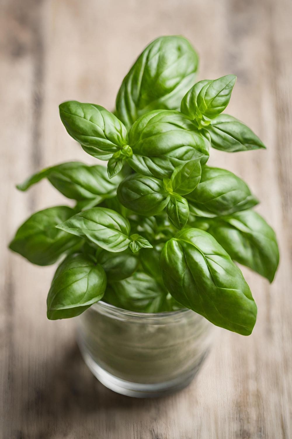 A basil plant with green leaves growing in a glass jar on a wooden table.