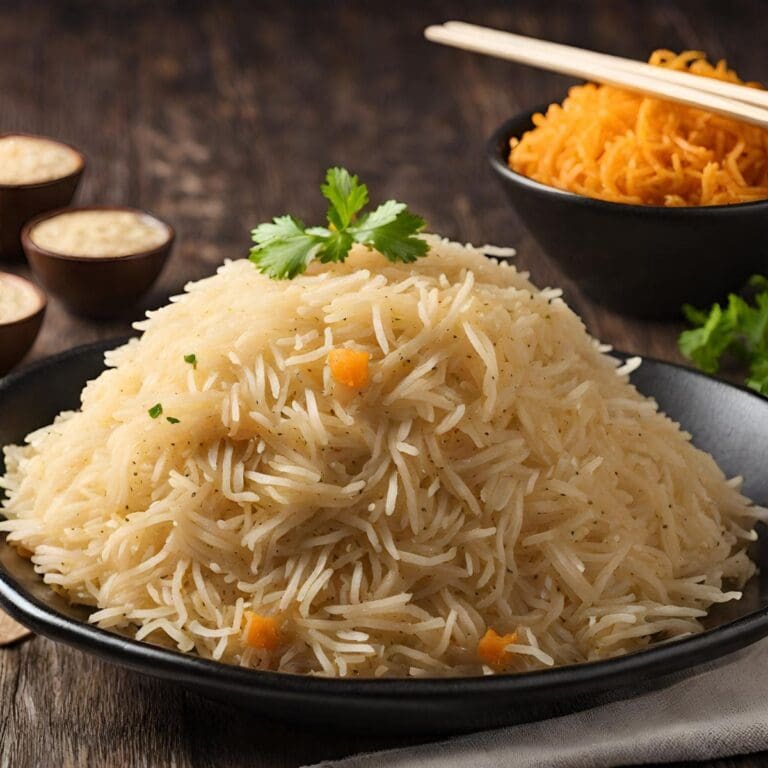 A close-up view of a serving of steamed basmati rice on a black plate.