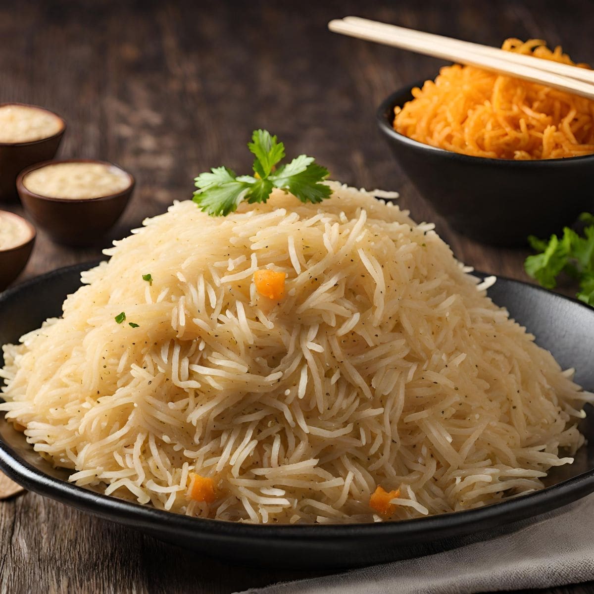 A close-up view of a serving of steamed basmati rice on a black plate.