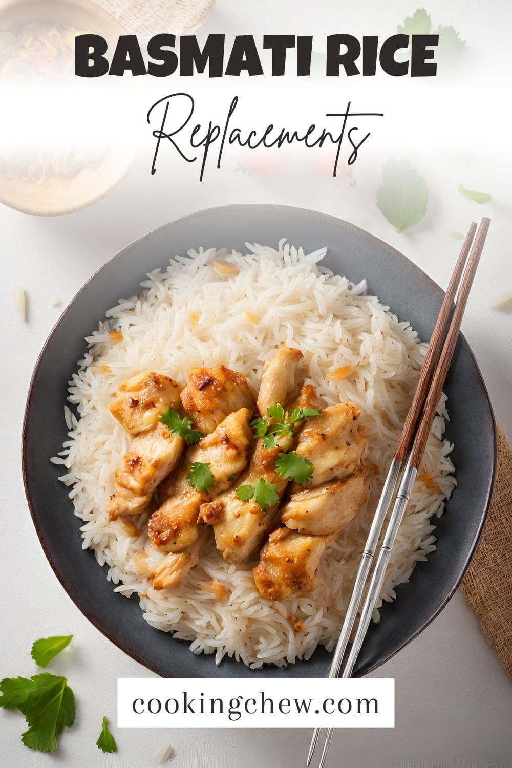A photo of a bowl of basmati rice with chicken and chopsticks resting on a white table.