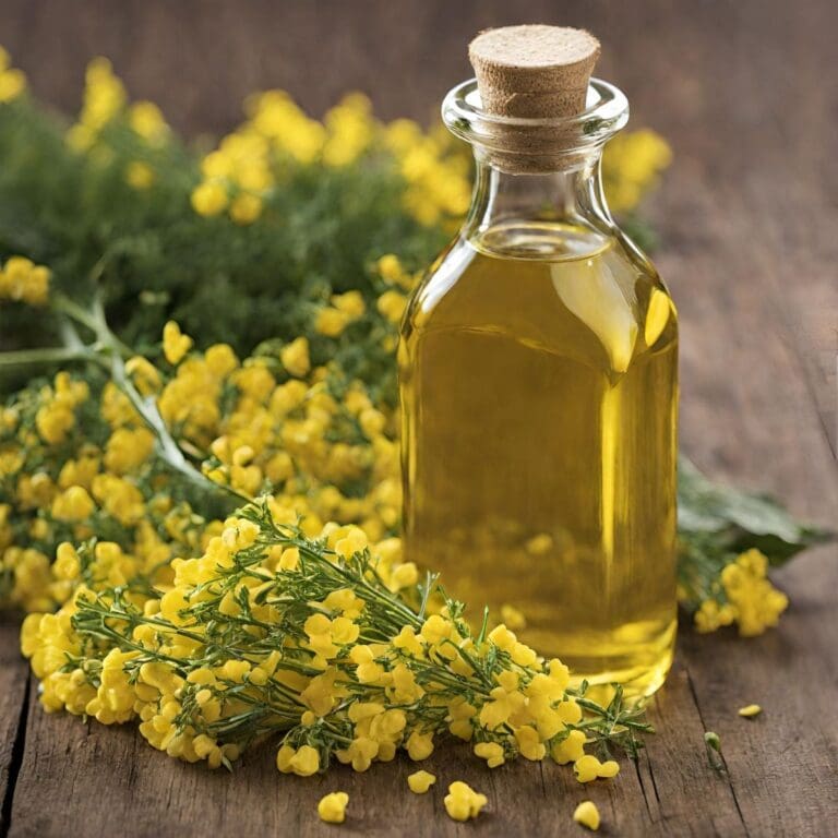 A bottle of canola oil sits next to a vase of yellow flowers on a wooden table.