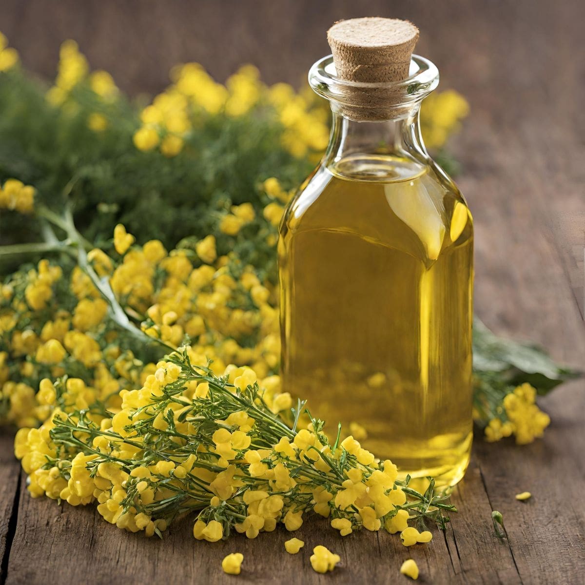 A bottle of canola oil sits next to a vase of yellow flowers on a wooden table.
