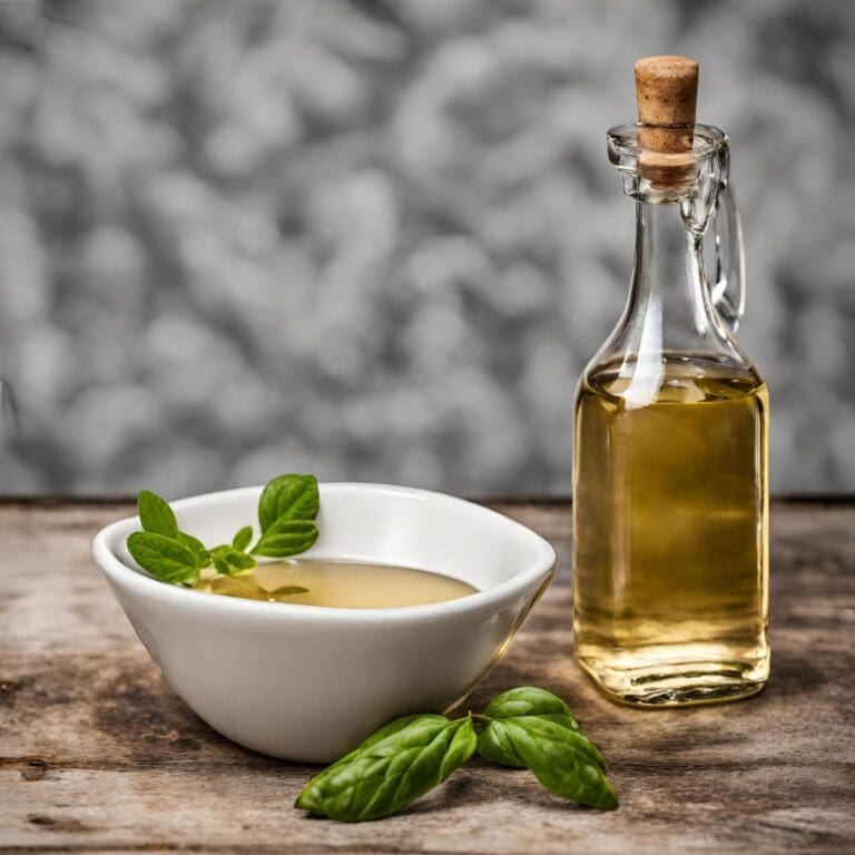 A glass bottle and bowl of white balsamic vinegar.