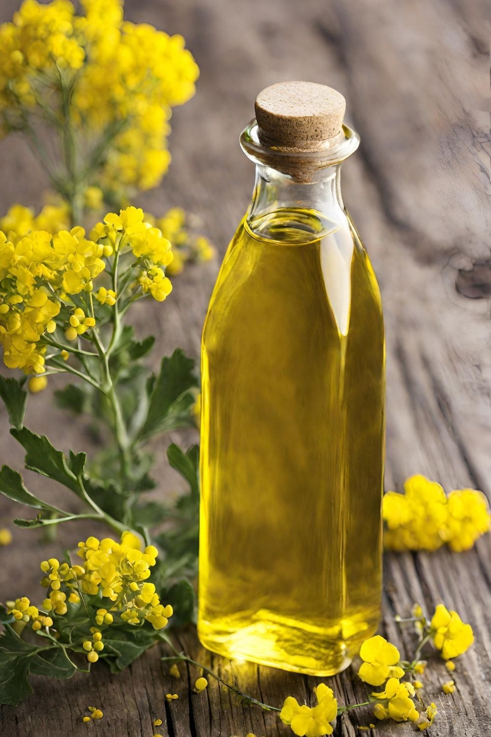 A glass bottle of canola oil sits on a rustic wooden table, next to a cluster of vibrant yellow canola flowers.