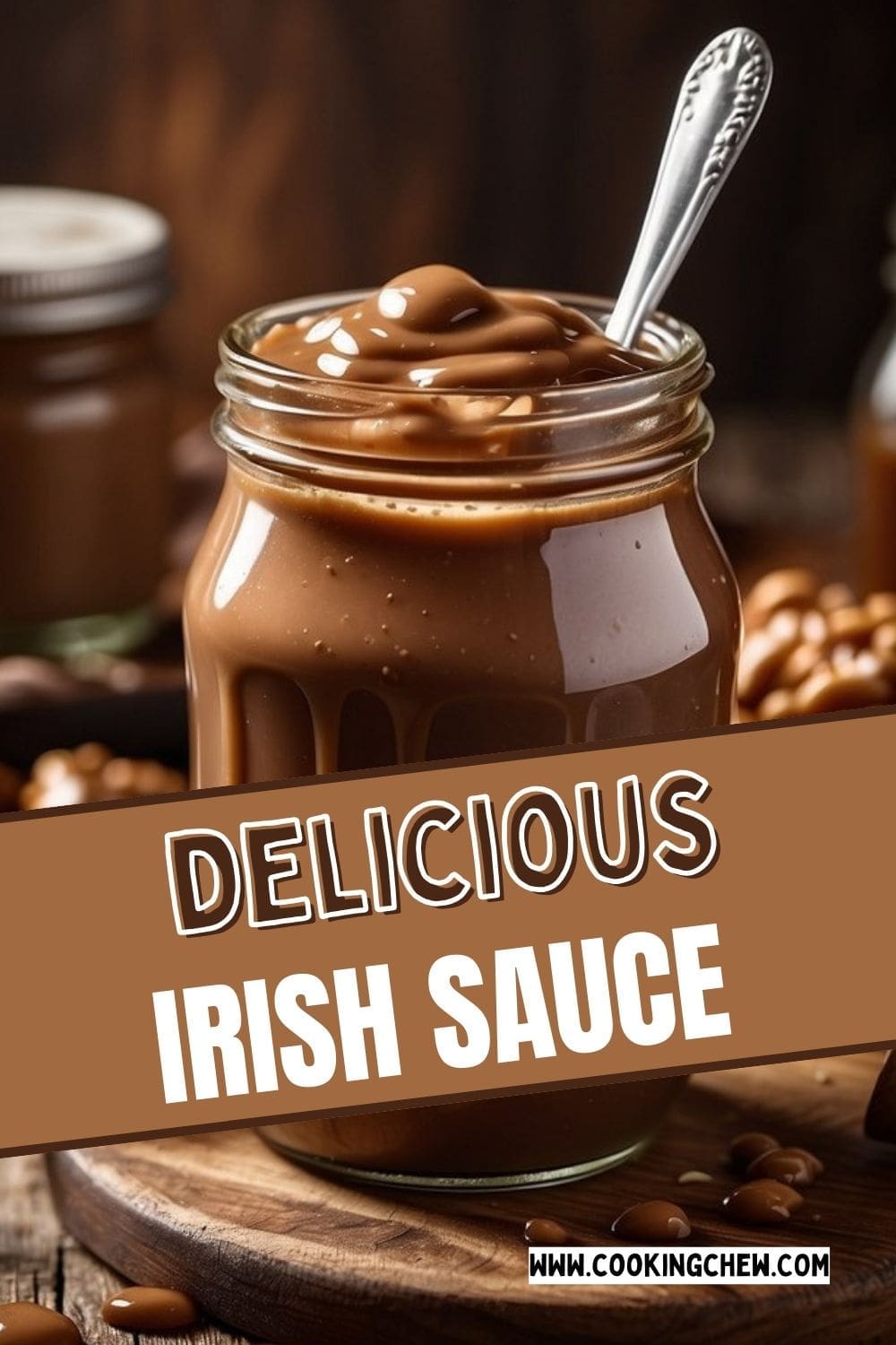 A jar of irish mudslide sauce with a spoon in it sitting on a wooden table. 