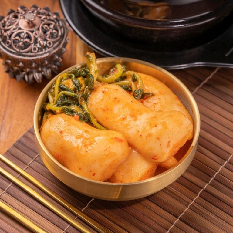 A still life photo of a traditional Korean side dish, kimchi.