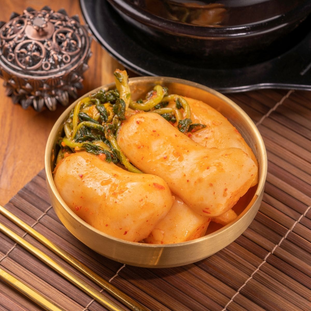 A still life photo of a traditional Korean side dish, kimchi.