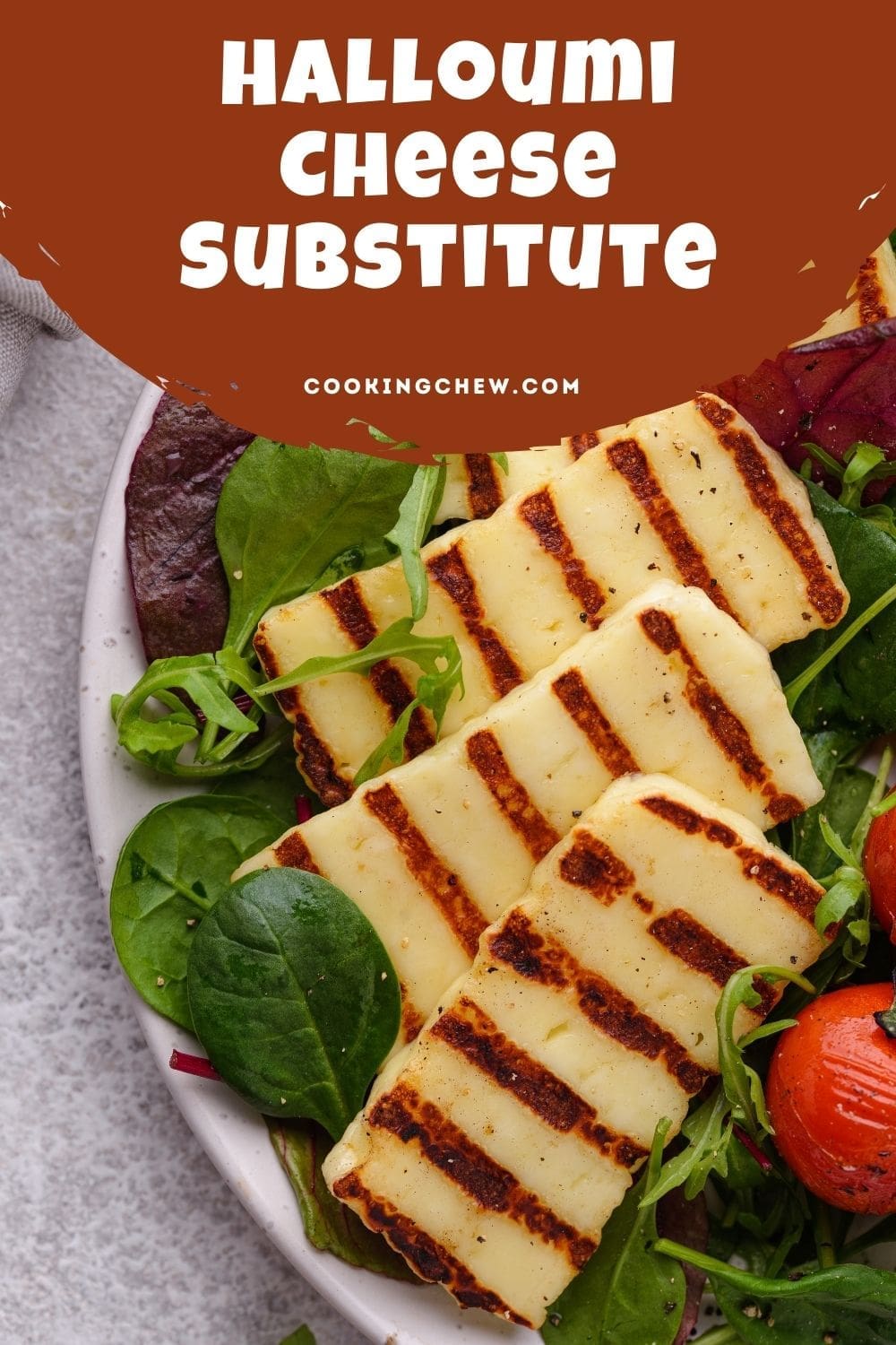 A grilled halloumi cheese on a white plate with vegetables and herbs.
