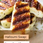 A close-up photo of a grilled halloumi cheese sandwich on a white plate.