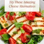 A healthy and refreshing salad with halloumi cheese and tomatoes.