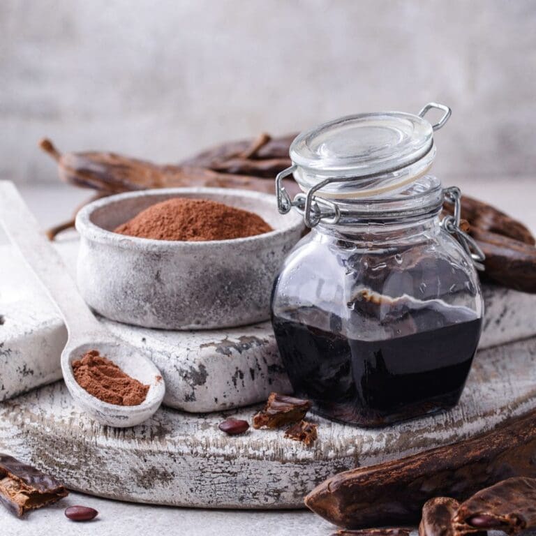 A jar of light-colored syrup or molasses and a bowl of brown powder on a wooden cutting board.
