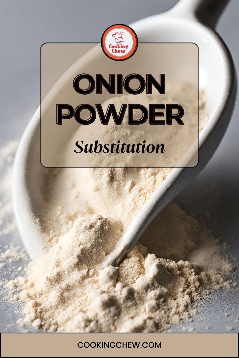 A white scoop containing onion powder sits on a light-colored table.