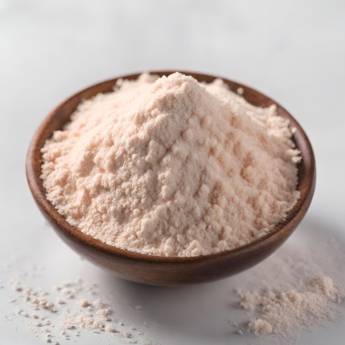 A pile of onion powder fills a dark wooden bowl on a white surface.