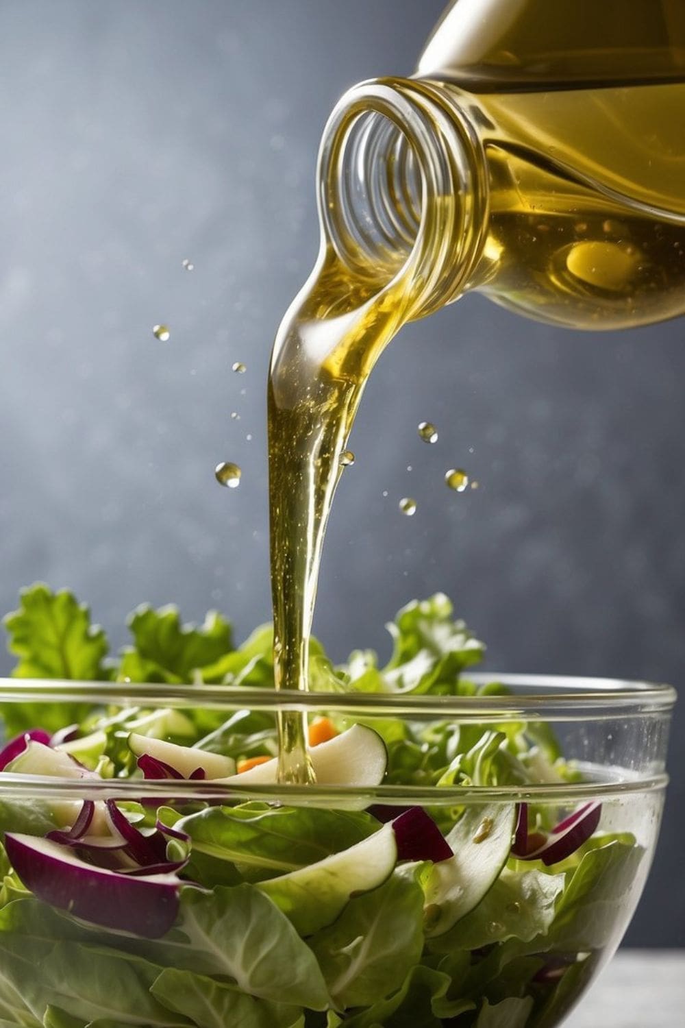 A photo of a hand pouring sherry vinegar from a glass bottle into a clear glass bowl containing a salad of green leaves, cherry tomatoes, red onion, black olives, and crumbled feta cheese.