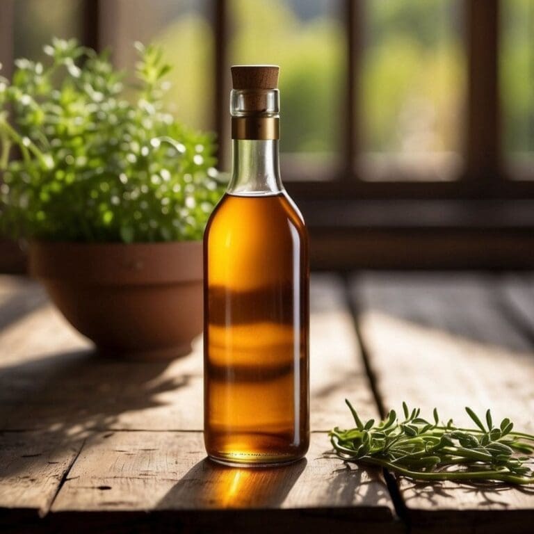 A glass bottle of sherry vinegar sits on a wooden table.