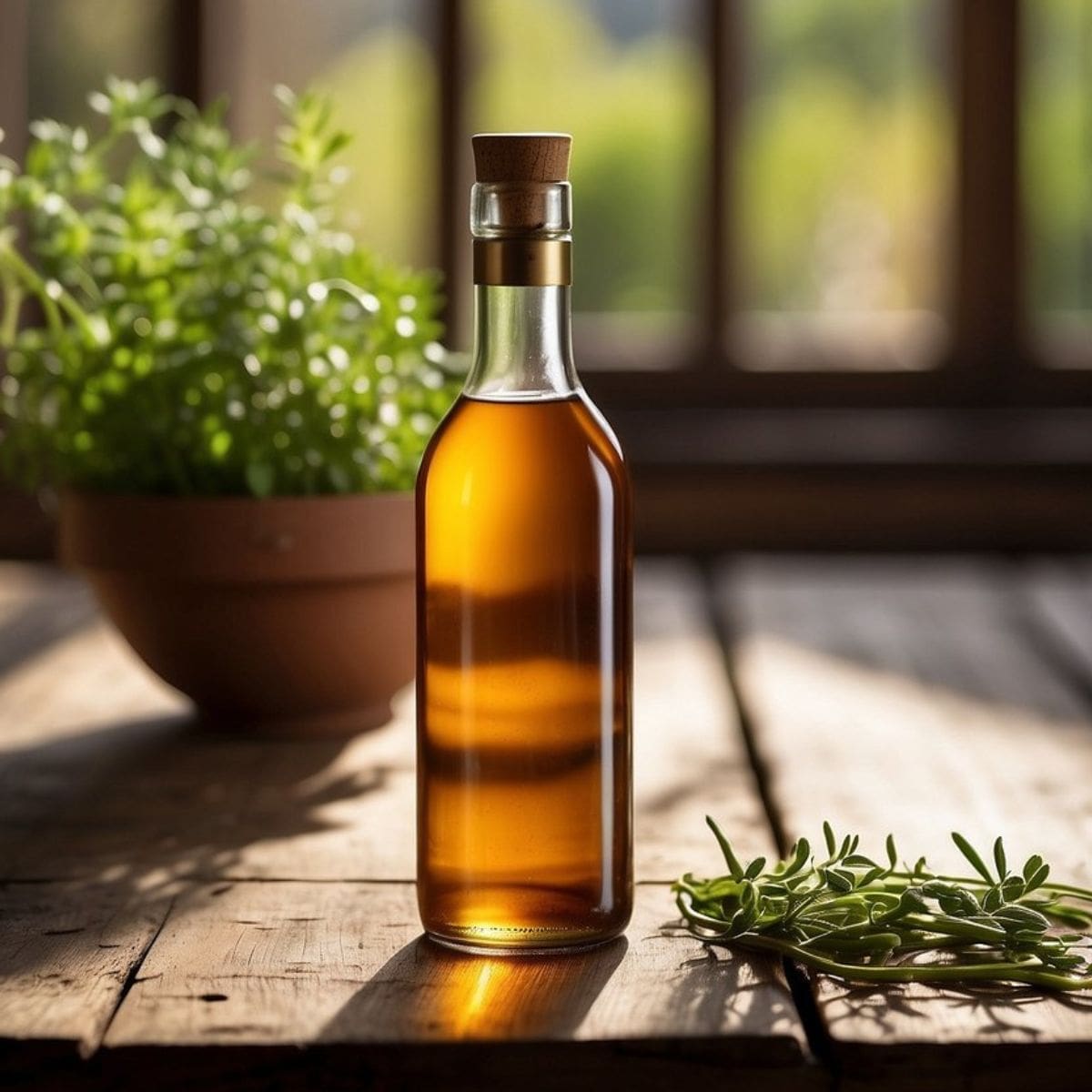 A glass bottle of sherry vinegar sits on a wooden table.