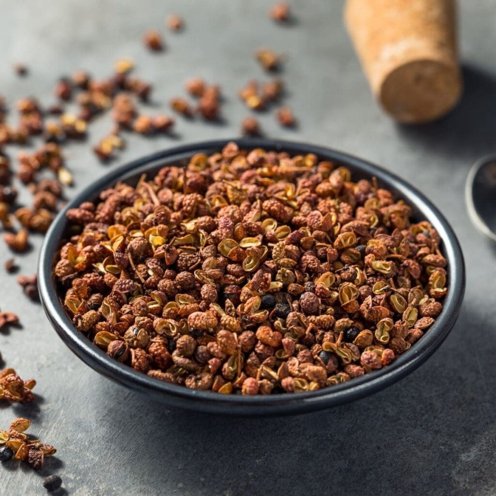 A dark wooden bowl filled with dried Sichuan peppercorns sits on a light wooden table.