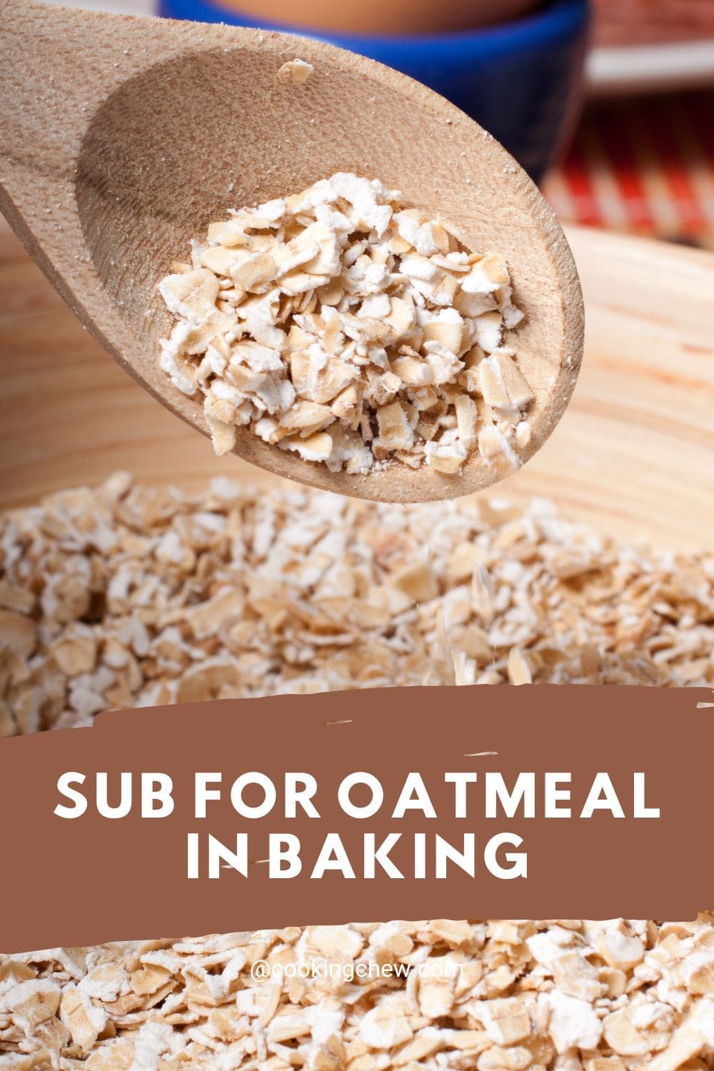 A close-up photo of a wooden spoon filled with oatmeal in a wooden bowl.