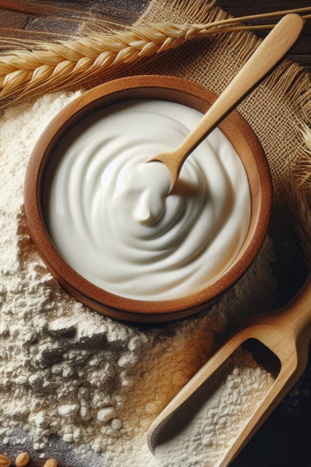 A wooden bowl filled with sour cream and a wooden spoon on top of a pile of flour on a wooden table.