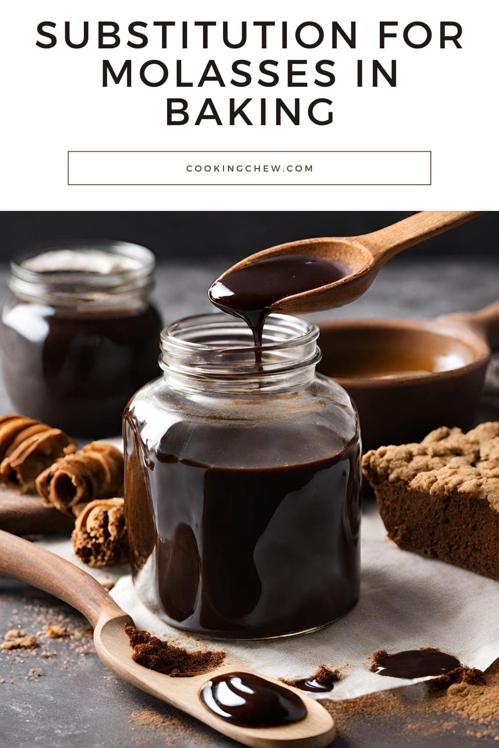 A close-up photo of a glass jar filled with molasses being poured into a wooden spoon.