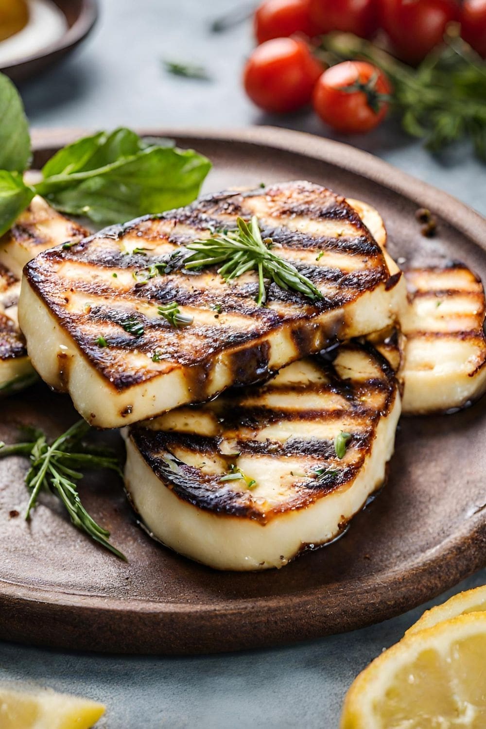 A delicious-looking grilled halloumi cheese sandwich and vegetables on a wooden table. 