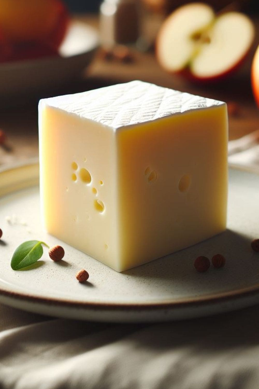 A close-up photo of a square piece of white cheddar cheese on a white plate. 