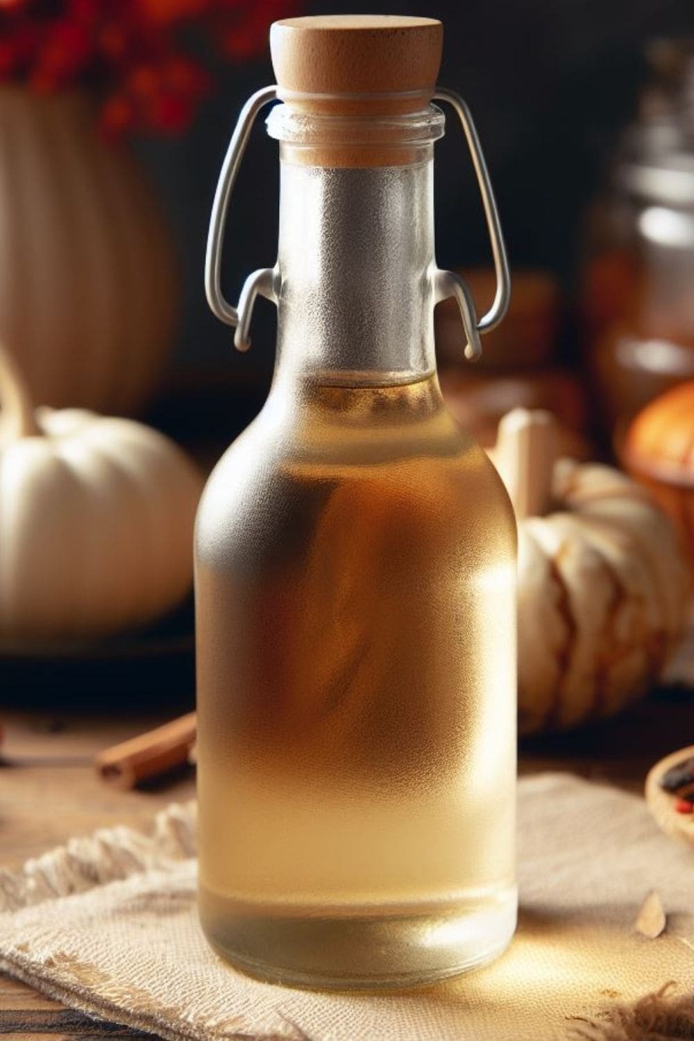A glass bottle of white balsamic vinegar with a cork lid sits on a wooden table next to pumpkins and cinnamon sticks.