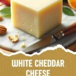 A close-up shot of a round block of white cheddar cheese on a wooden cutting board with a cheese knife resting beside it.
