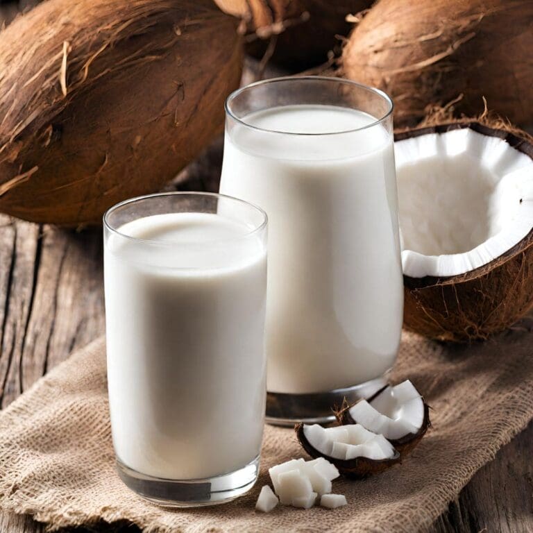 A close-up view of two glasses of coconut milk on a wooden table.