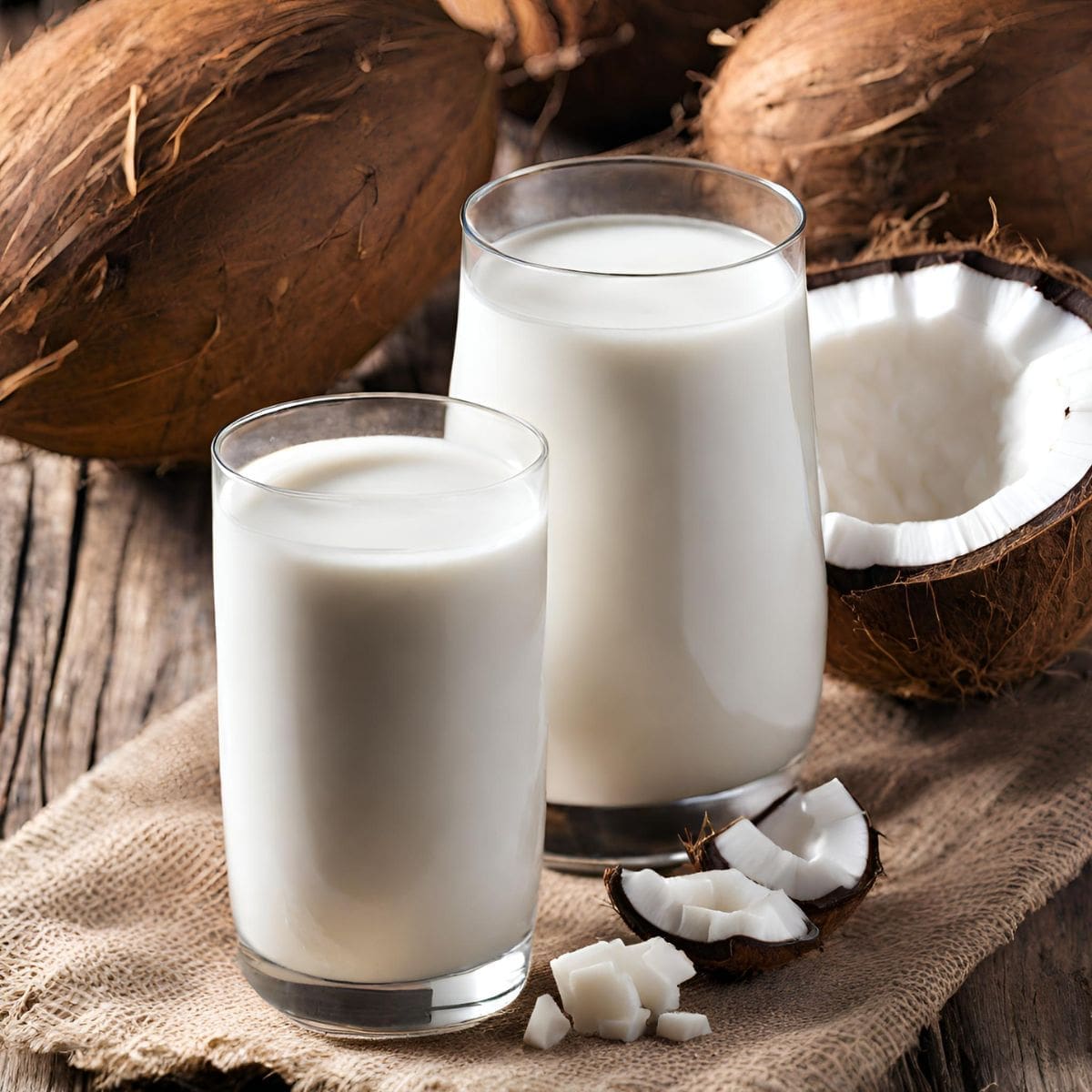 A close-up view of two glasses of coconut milk on a wooden table.