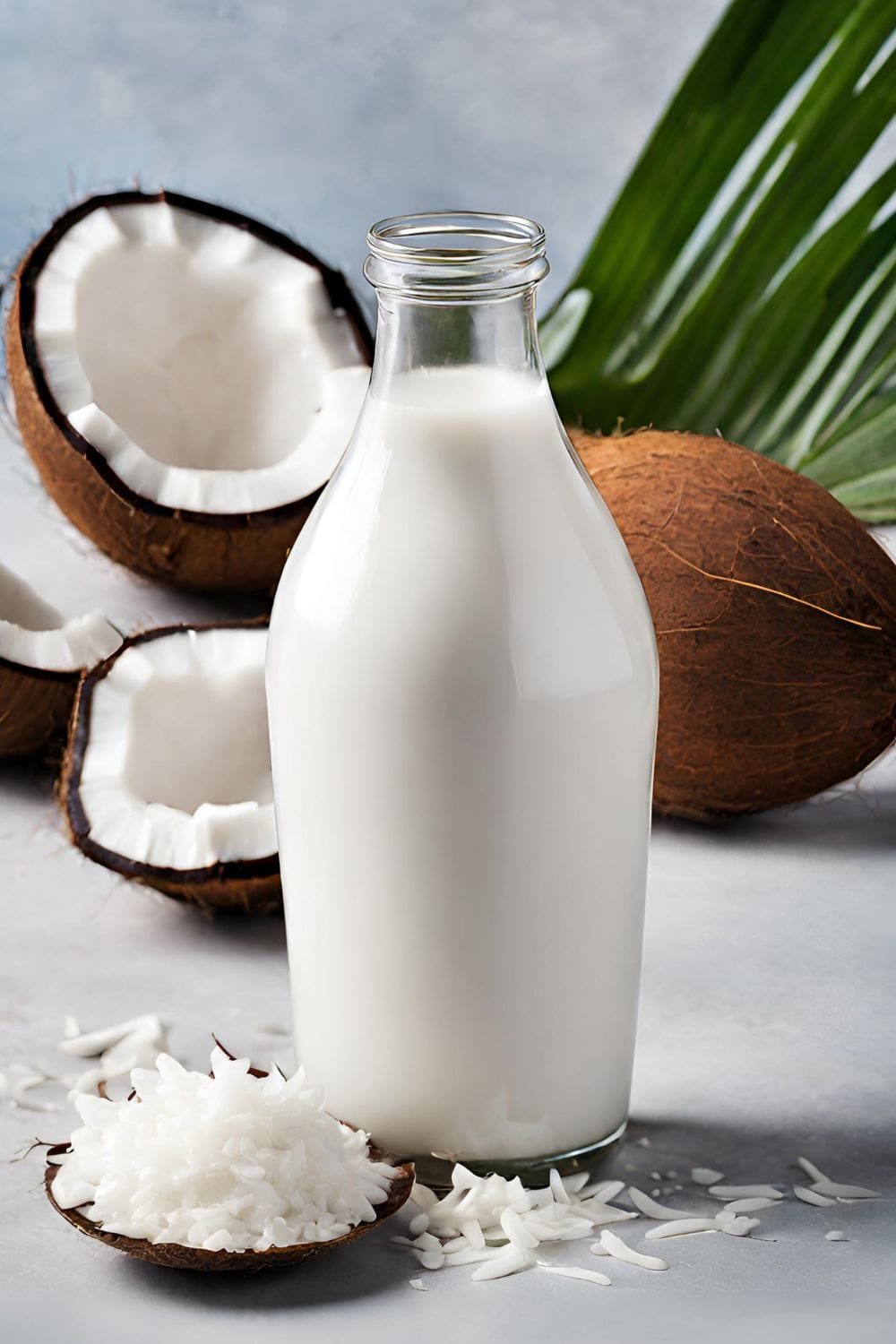 A tall glass bottle of coconut milk stands upright on a clean kitchen counter. 