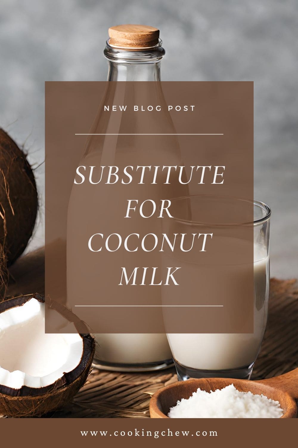 A bottle of coconut milk and a glass of coconut milk rest on a wooden table.