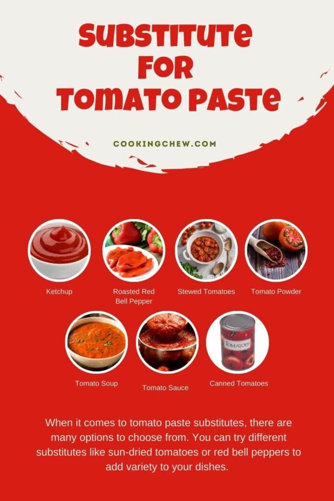 This images shows various tomato paste substitutes. It shows ketchup as a substitute option for tomato paste and canned tomatoes.