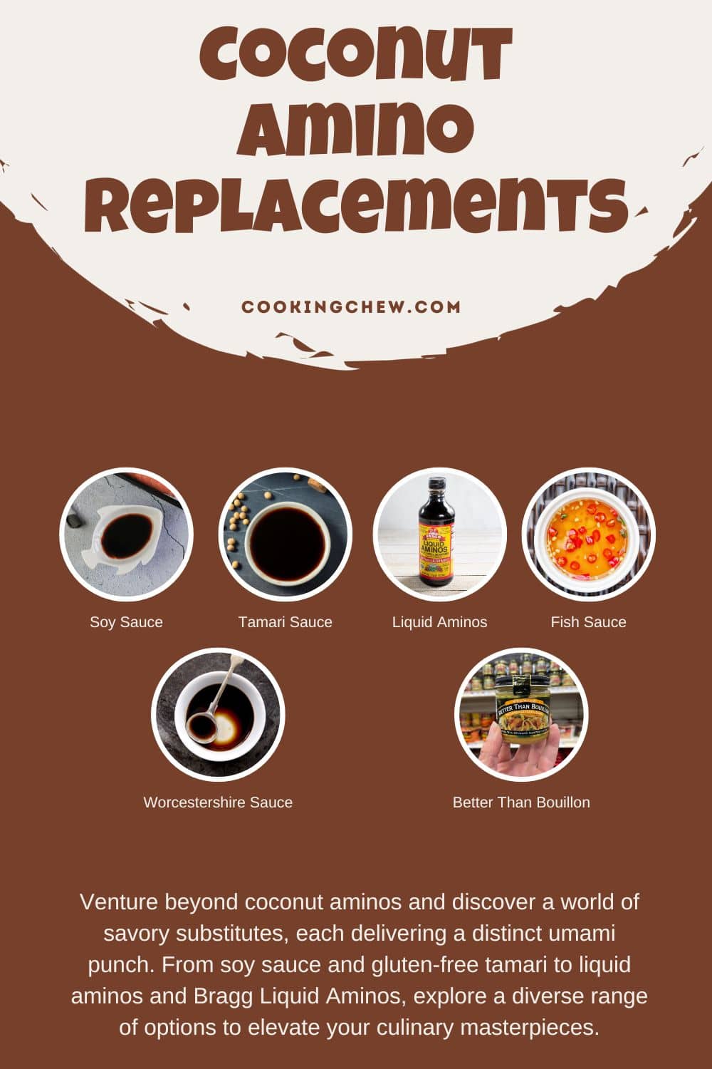 A collage of Coconut amino substitute, including a soy sauce in a fish bowl, Tamari sauce in a small bowl, a bottle of liquid aminos, fish sauce with chili in a bowl, worcestershire sauce in a small bowl, and a jar of better than bouillon.
