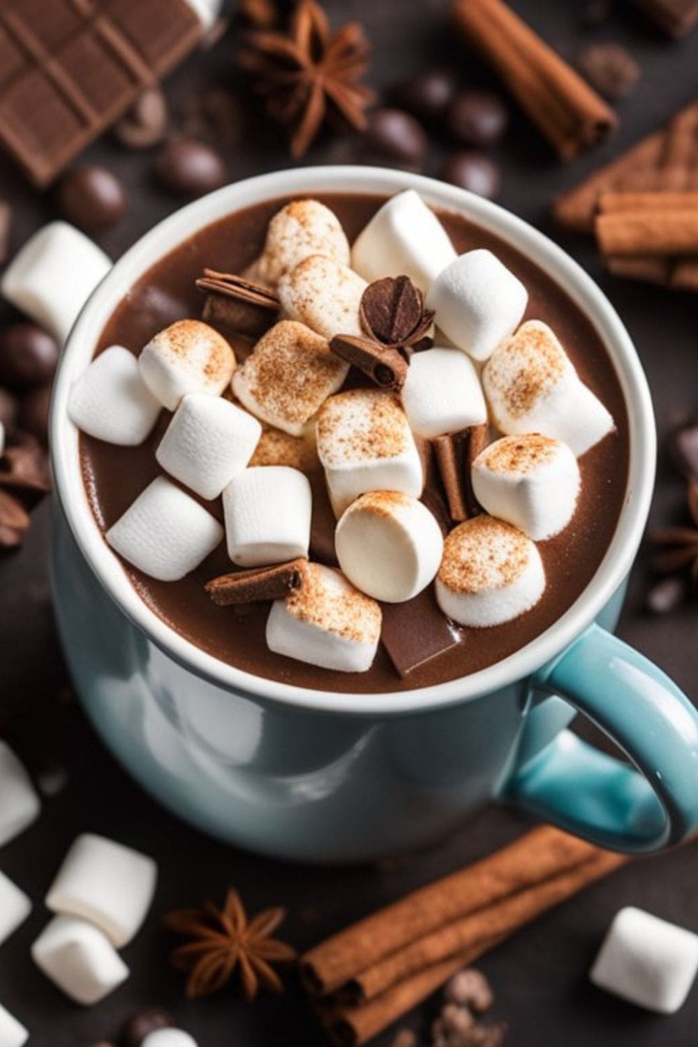  A cup of hot chocolate with marshmallows and chocolate shavings, topped with a festive candy cane.