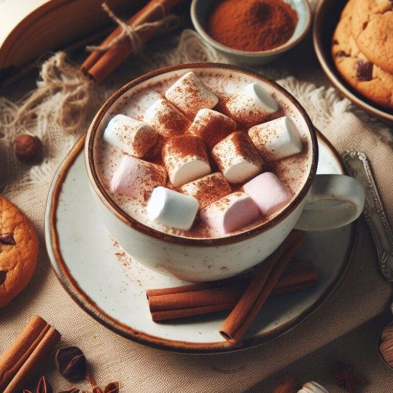 A steaming cup of hot cocoa with marshmallows and cinnamon sticks on a saucer.