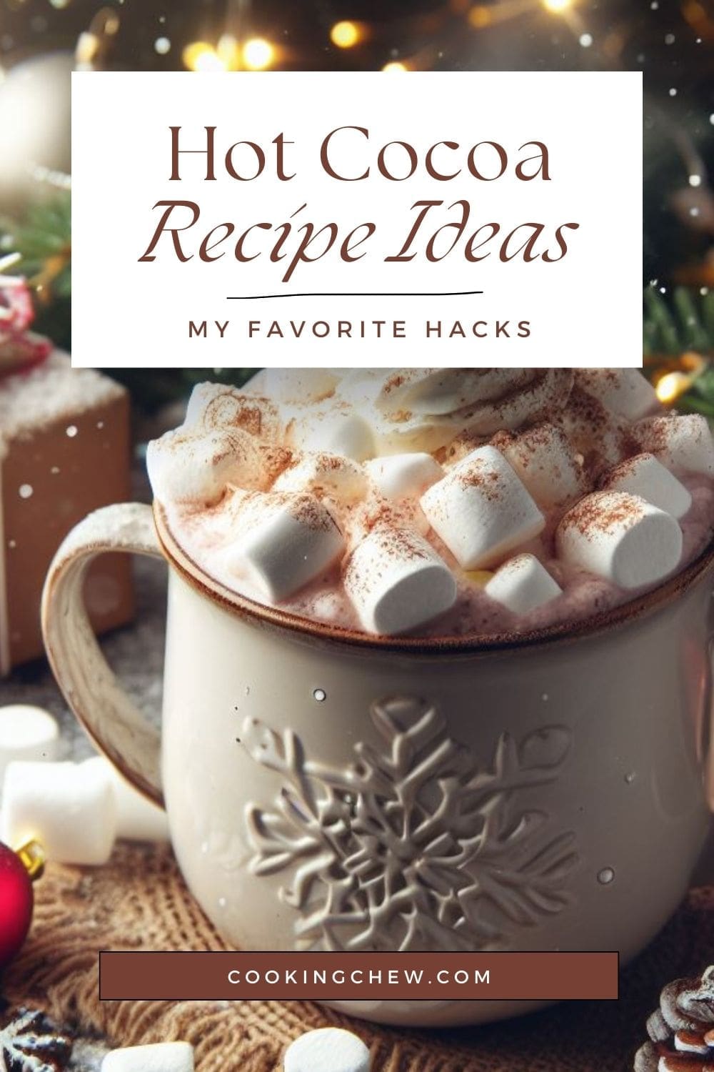 A close-up photo of a cup of hot chocolate with marshmallows, whipped cream, and chocolate shavings on top.