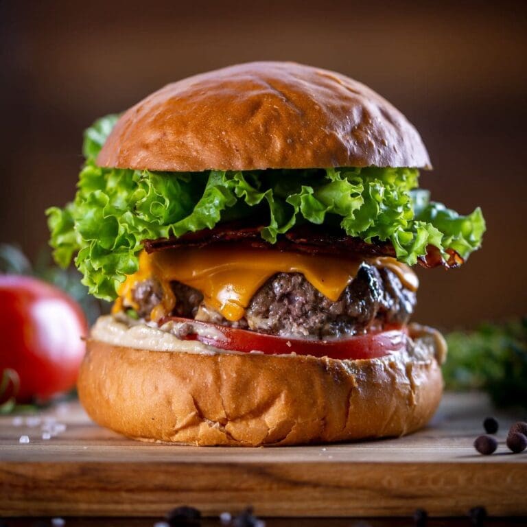 A close-up photo of a mouthwatering burger, its juicy patty overflowing with a symphony of flavors, complemented by the unexpected crunch of Funyuns.