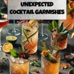 A collection of unexpected cocktail garnishes, including a pickled onion, a smoked rosemary sprig, and an edible flower.