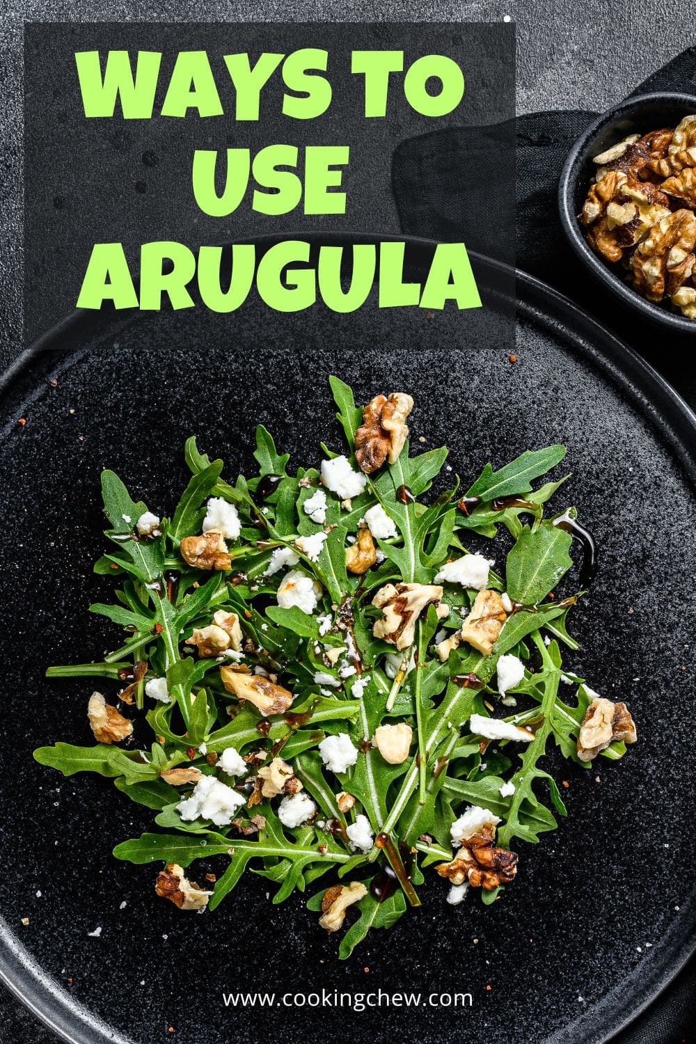 A plate of arugula salad with goat cheese, nuts, vinaigrette sauce.